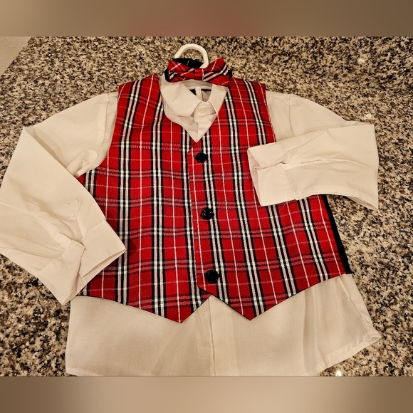 Red Plaid Vest with Black Pants Set Toddler Boy Size 5 - Picture 5 of 7